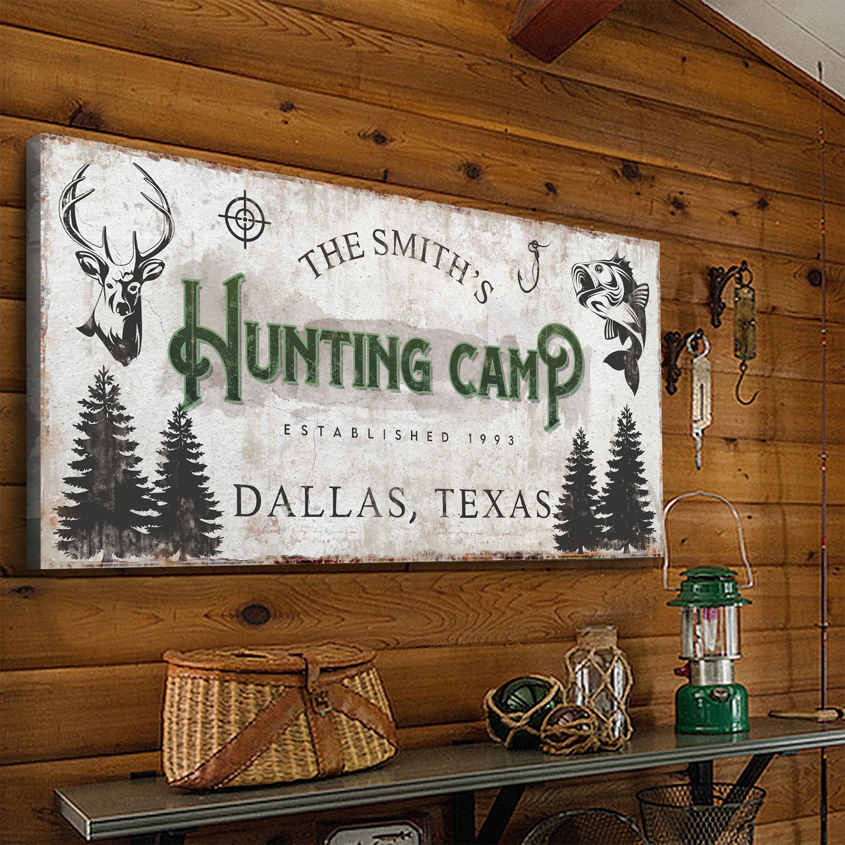 Personalized fishing and hunting canvas sign with rugged outdoors lettering