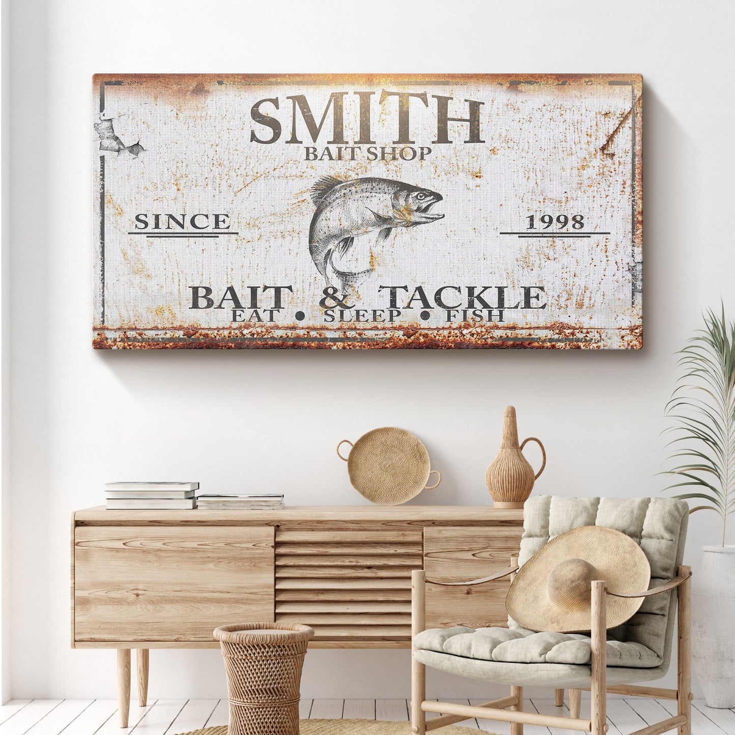 Bait and Tackle canvas wall art in a lake house cabin