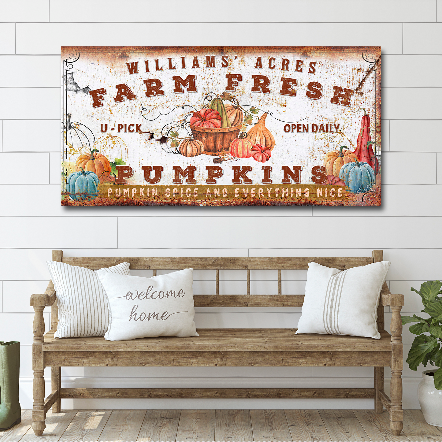 Personalized farm fresh pumpkins canvas sign with rustic harvest lettering