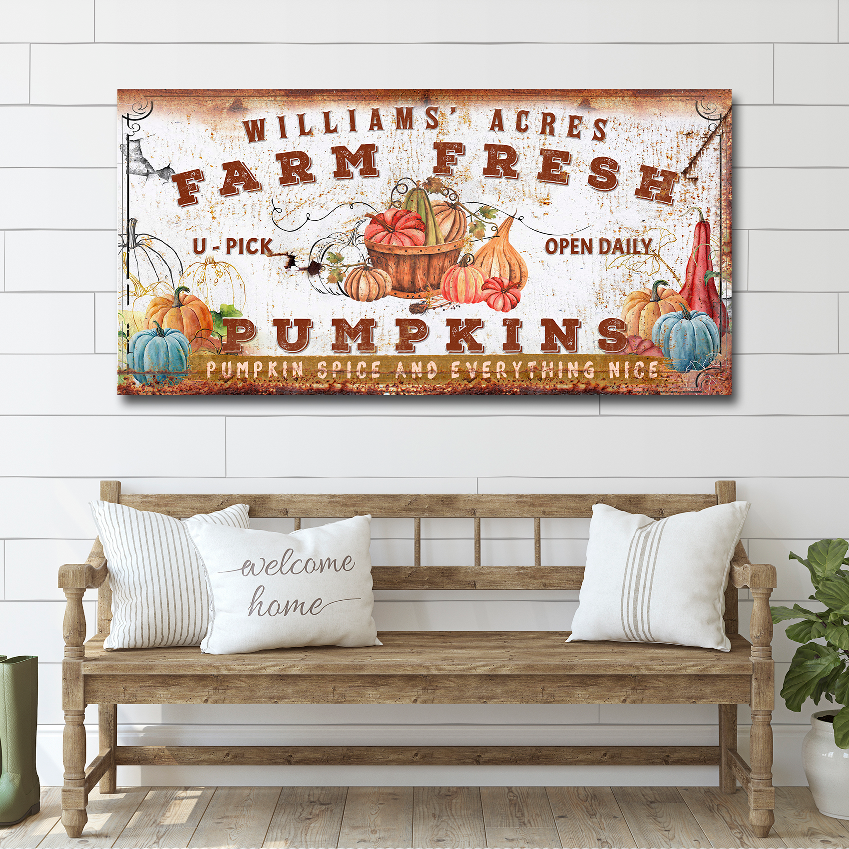 Personalized farm fresh pumpkins canvas sign with rustic harvest lettering