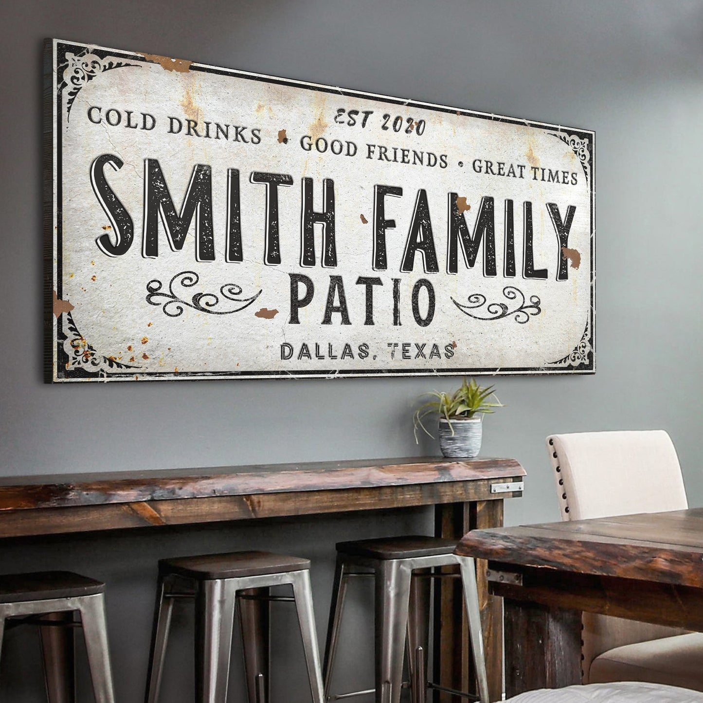 Personalized family patio canvas sign with colorful rustic lettering