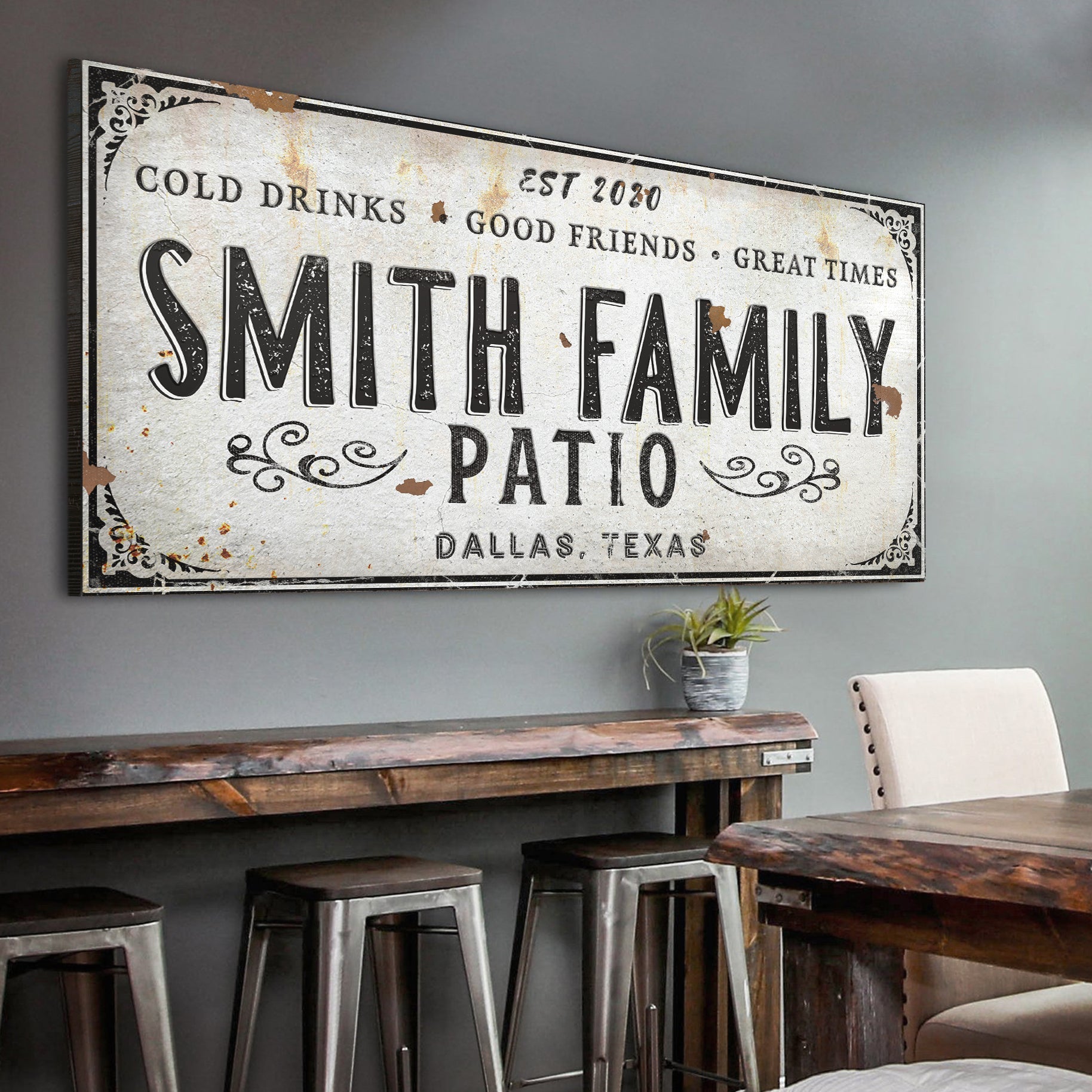 Personalized family patio canvas sign with colorful rustic lettering