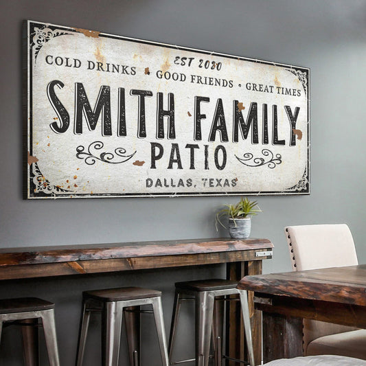 Personalized family patio canvas sign with colorful rustic lettering