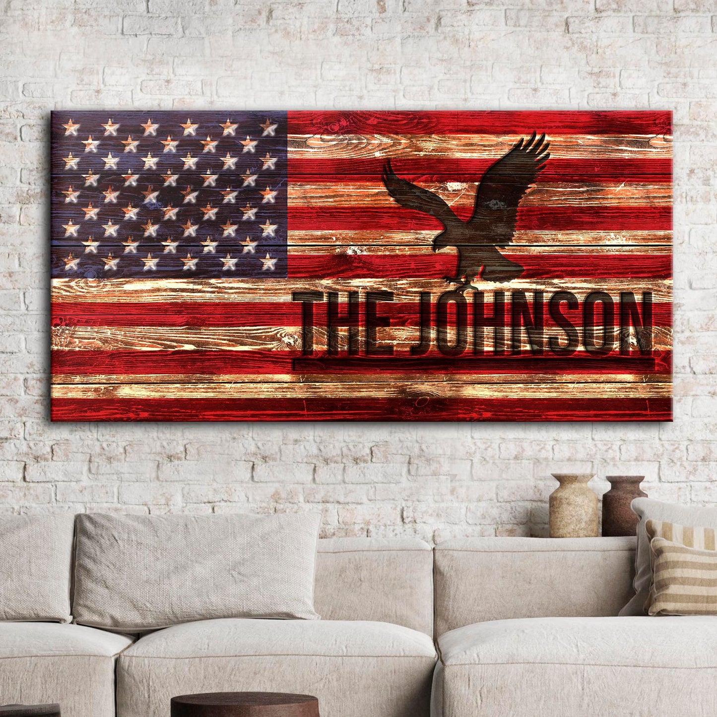 Personalized rustic American flag family name canvas sign with weathered styling