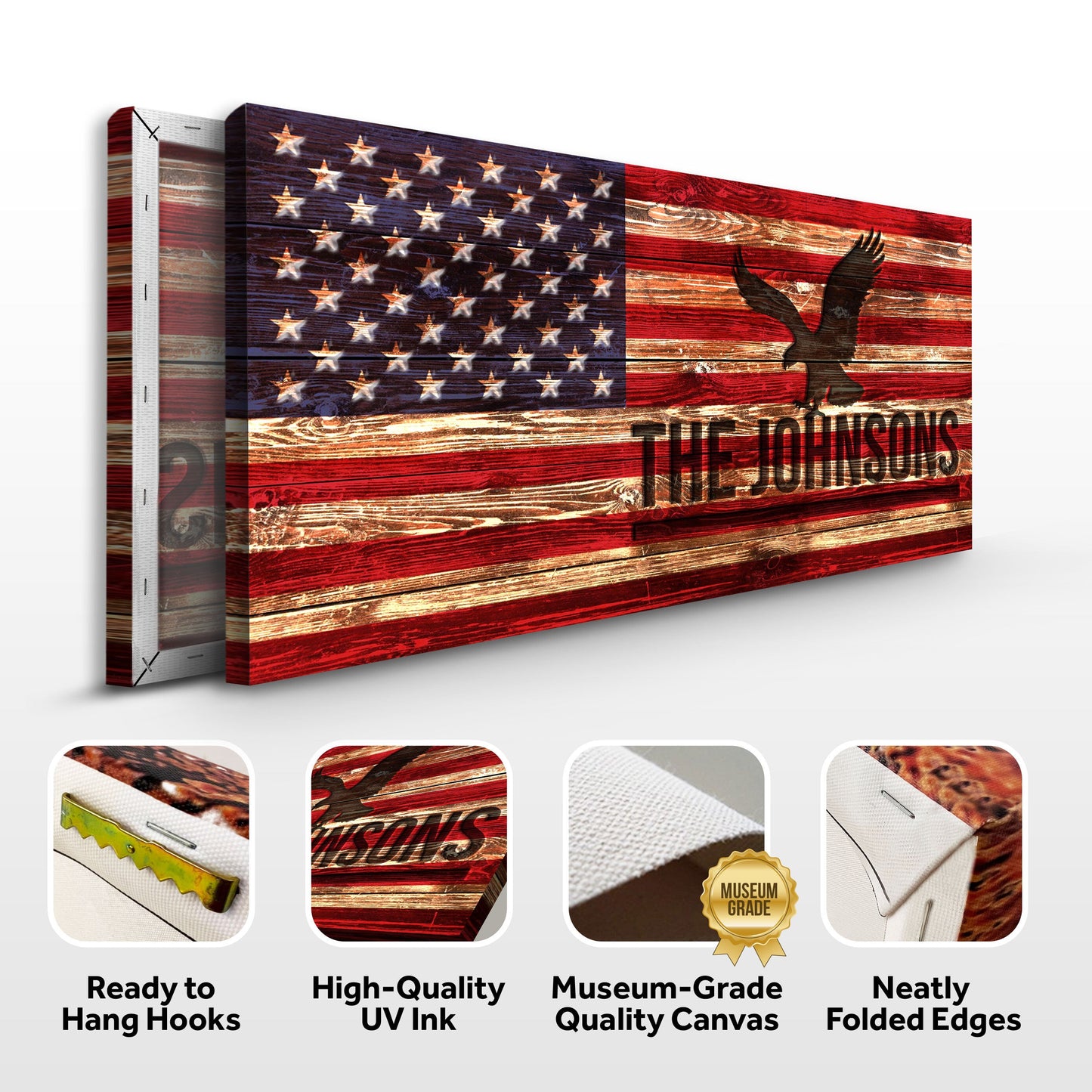 Rustic American Flag Family Name Sign Canvas Wall Art