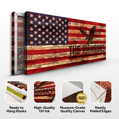 Rustic American Flag Family Name Sign Canvas Wall Art