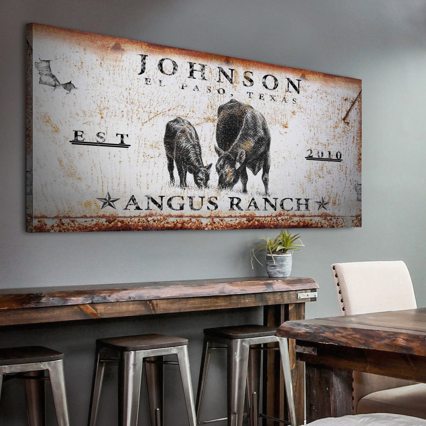 Angus ranch personalized canvas sign with black Angus cattle and rustic lettering