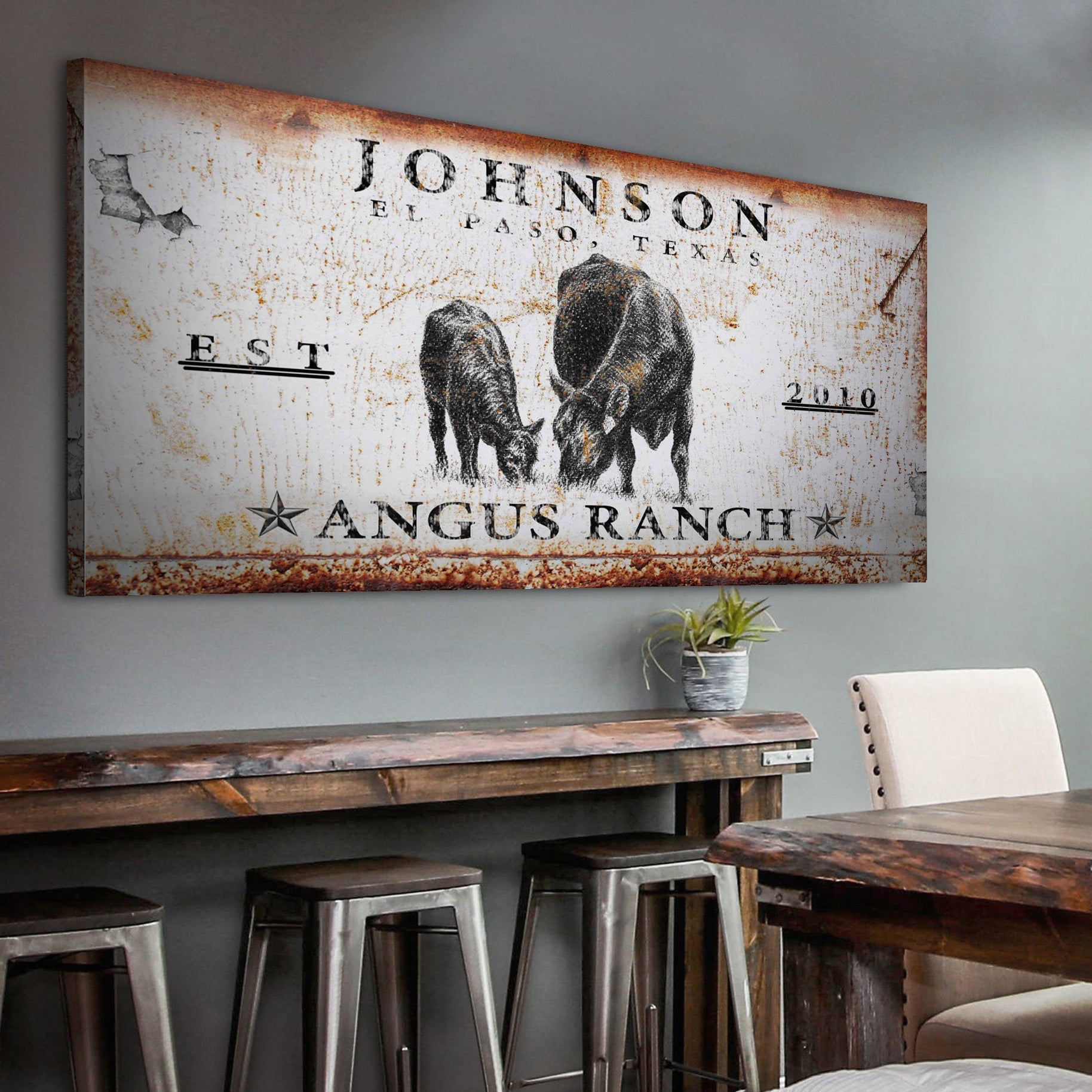Angus ranch personalized canvas sign with black Angus cattle and rustic lettering