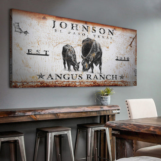 Angus ranch personalized canvas sign with black Angus cattle and rustic lettering