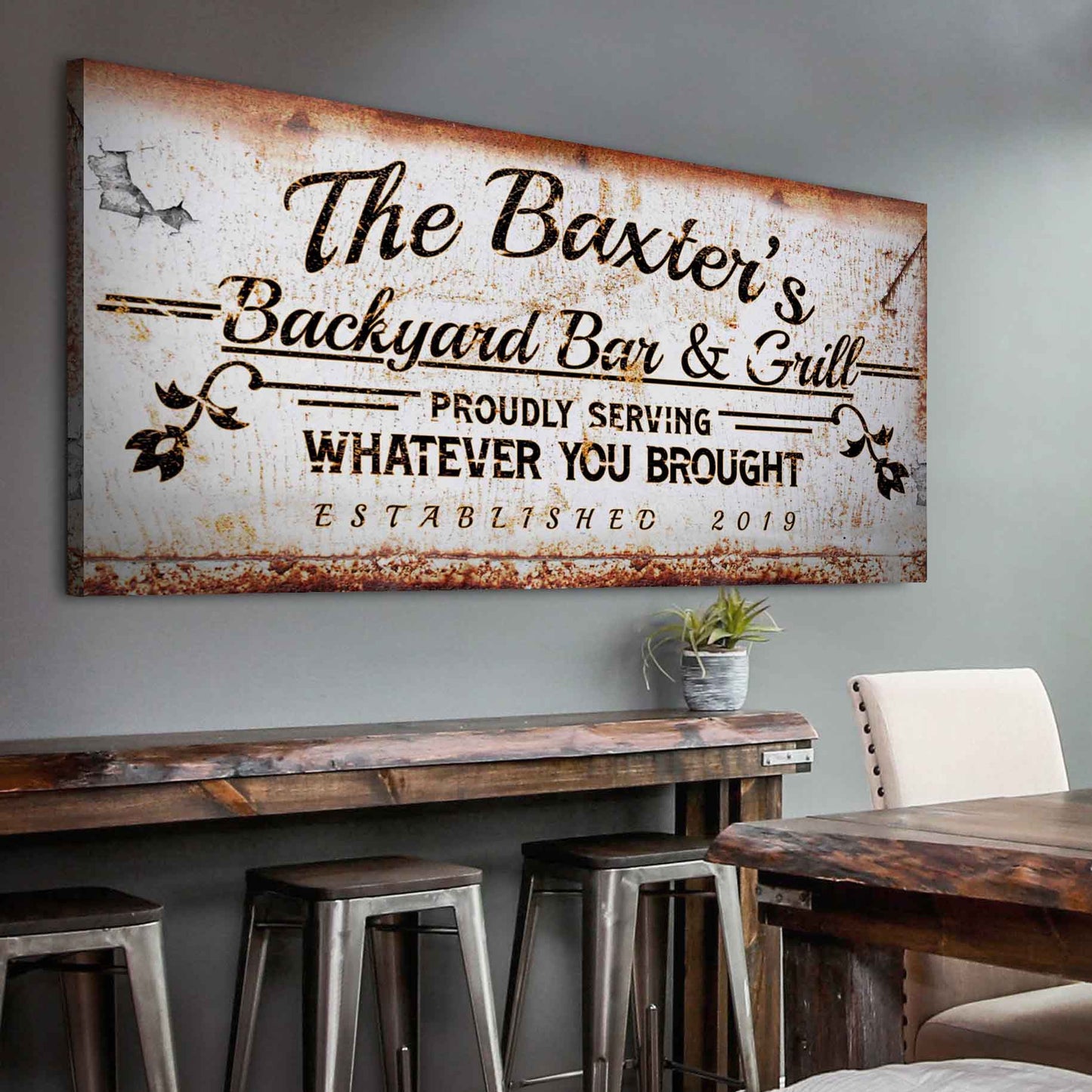 Backyard bar and grill personalized canvas sign with grill-house lettering
