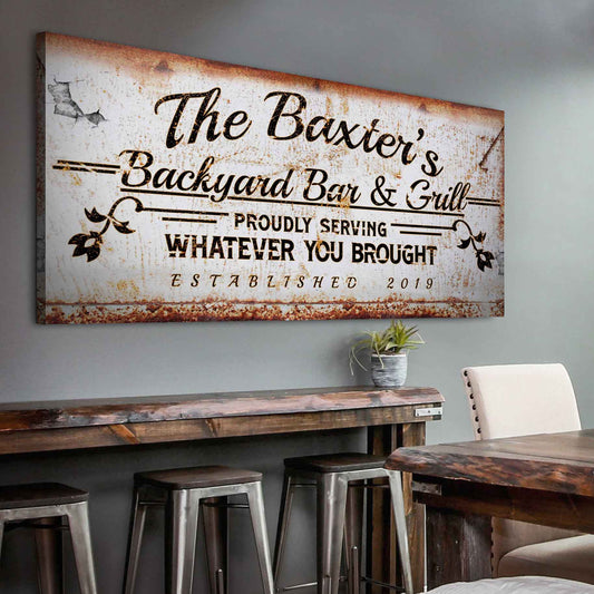 Backyard bar and grill personalized canvas sign with grill-house lettering