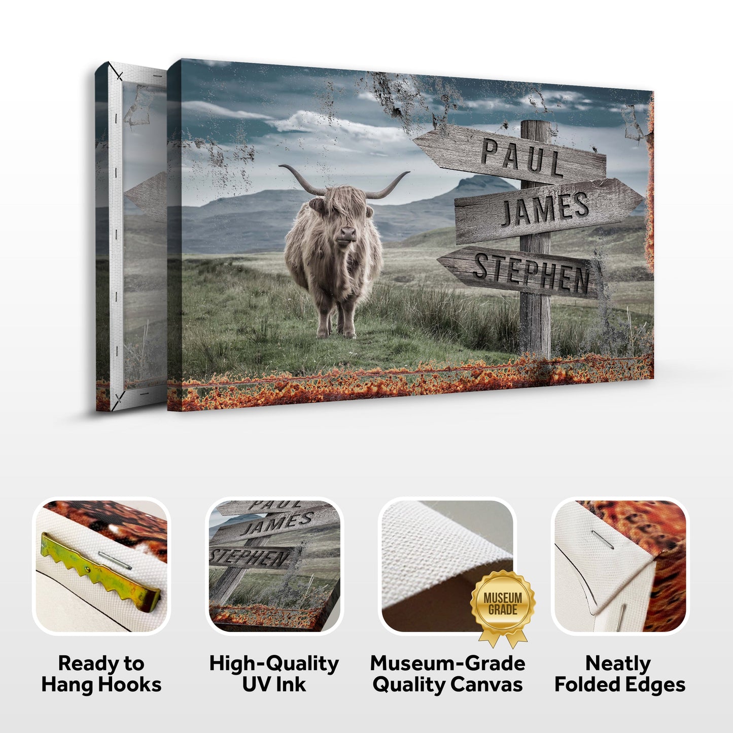 Personalized Highland Cow Family Canvas Sign