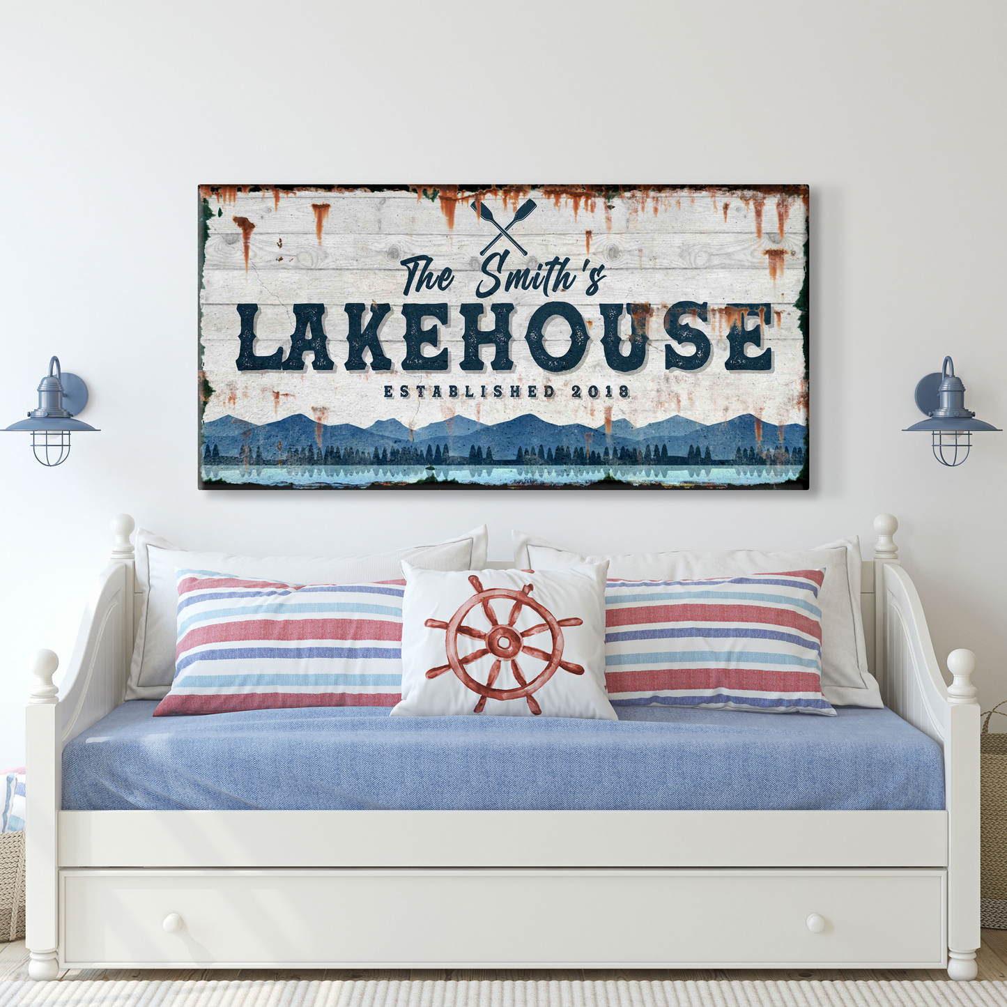 Family lake house vintage personalized canvas sign with weathered lakeside lettering