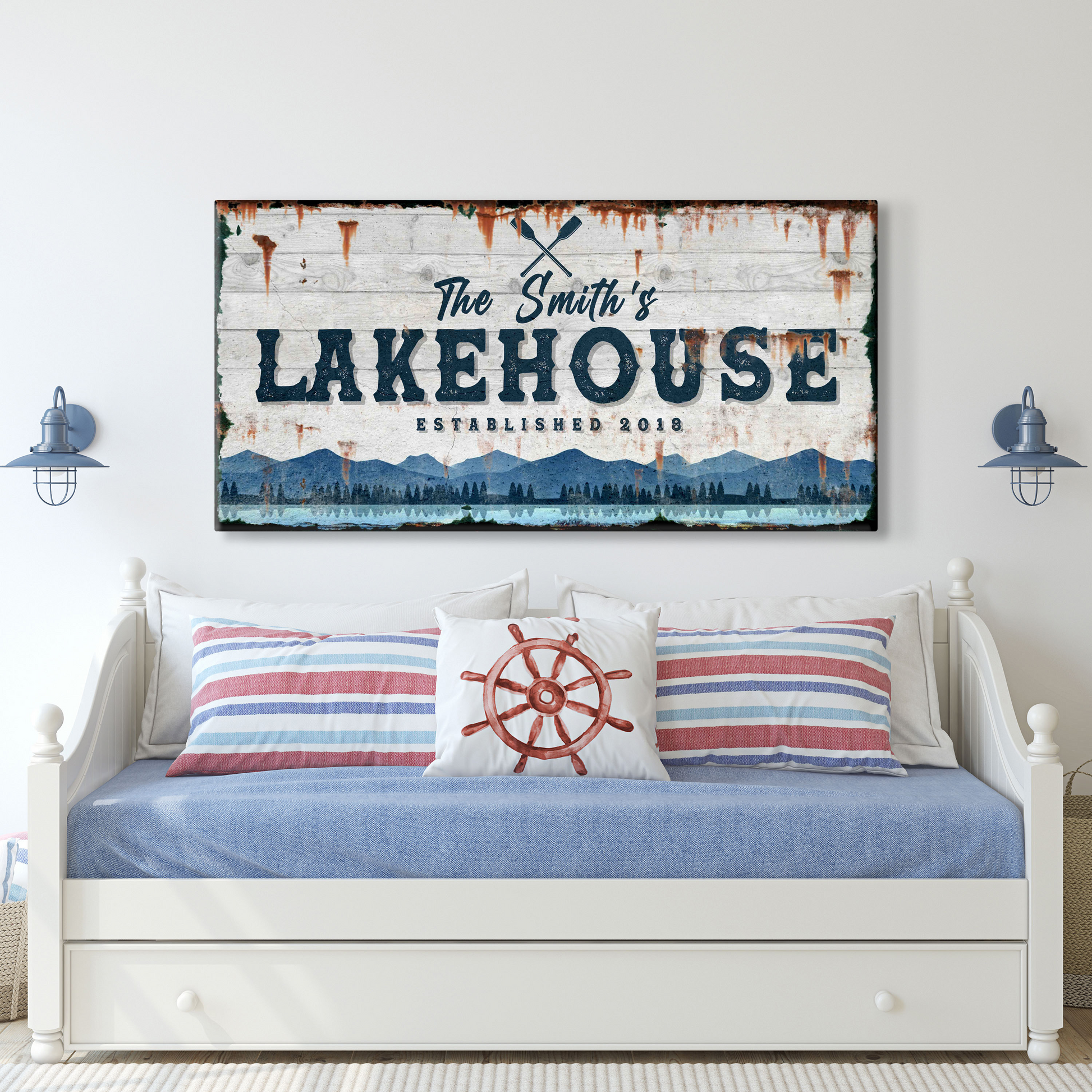 Family lake house vintage personalized canvas sign with weathered lakeside lettering