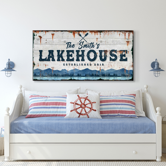 Family lake house vintage personalized canvas sign with weathered lakeside lettering