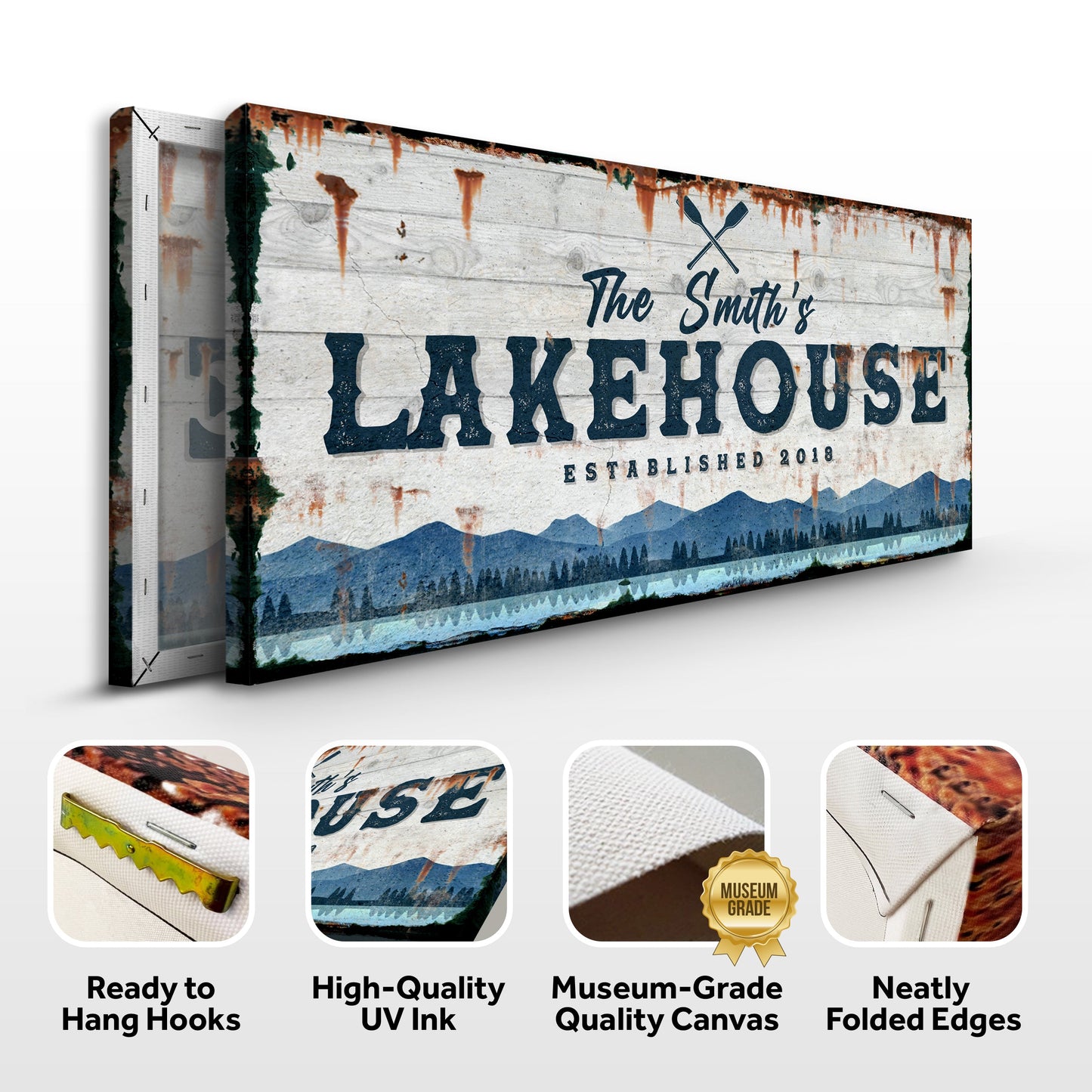 Family Lake House Vintage Sign Personalized Canvas Wall Art