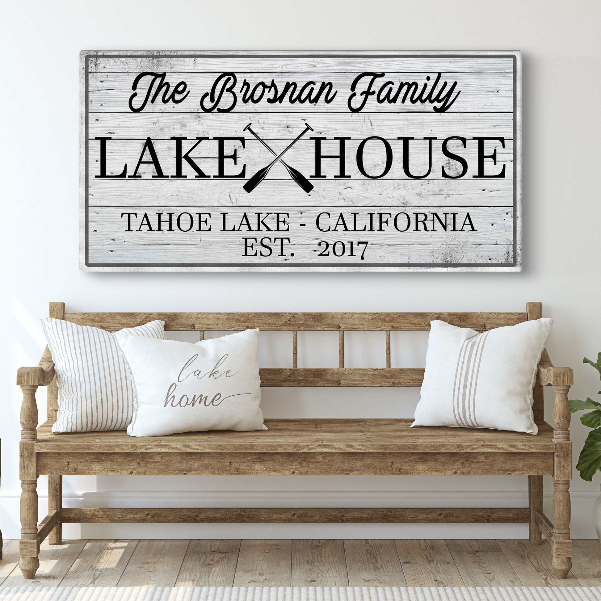 Family lake house paddle personalized canvas sign with crossed canoe paddles