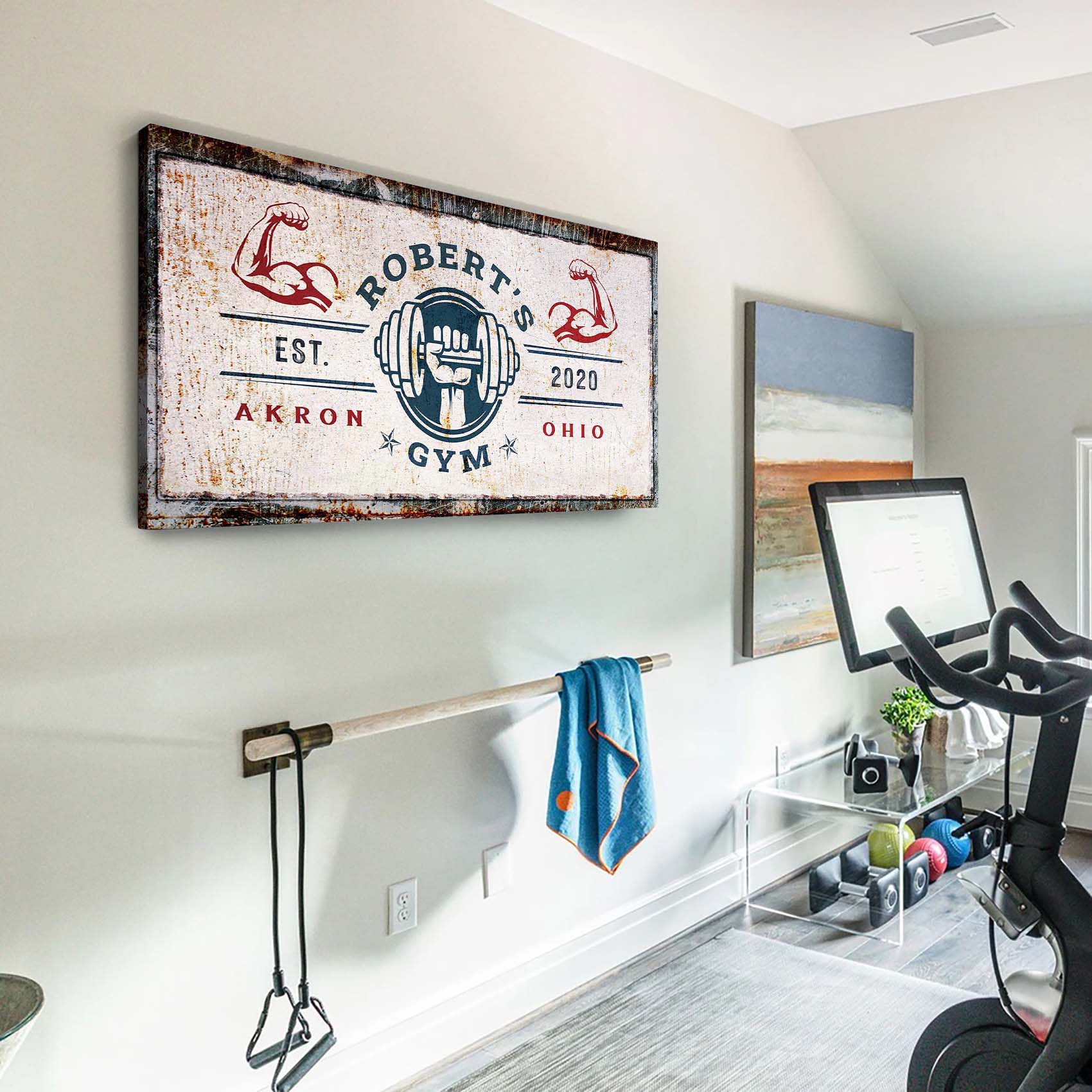 Personalized motivational gym canvas sign V with bold workout lettering