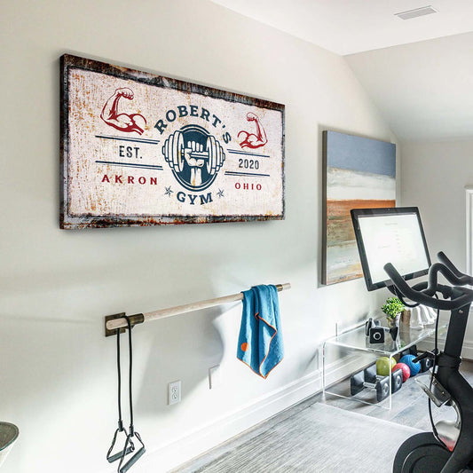 Personalized motivational gym canvas sign V with bold workout lettering