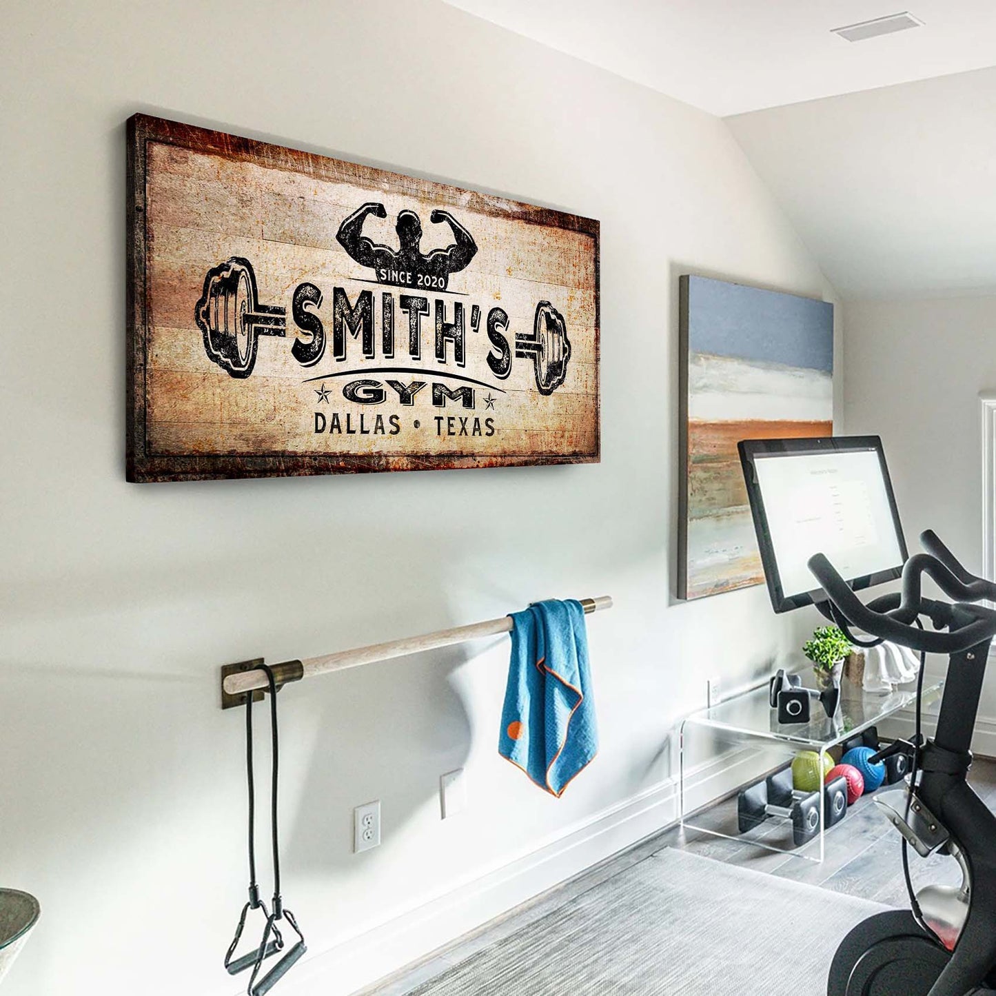 Personalized motivational gym canvas sign with bold workout lettering