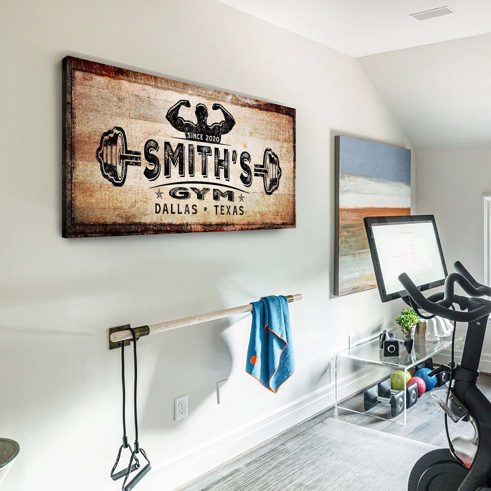 Personalized motivational gym canvas sign with bold workout lettering