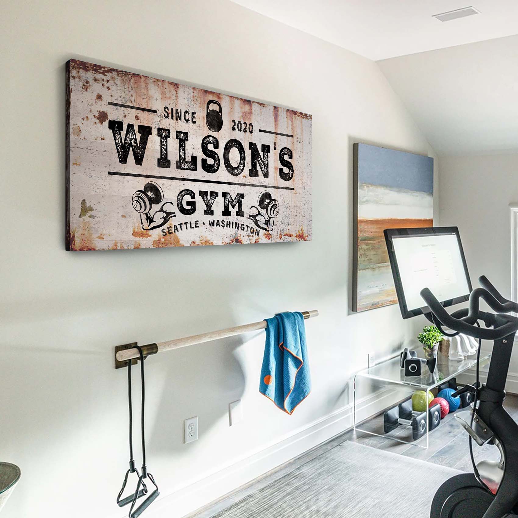 Personalized motivational gym canvas sign VI with bold workout lettering