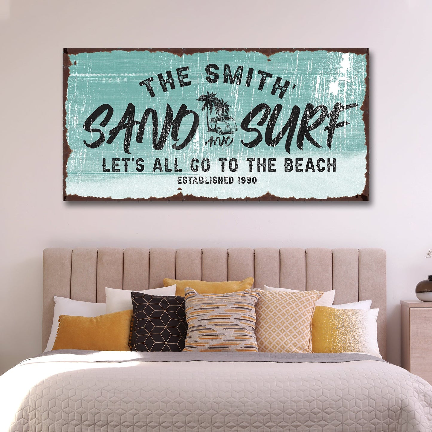 Sand and surf personalized canvas coastal sign with relaxed beach lettering
