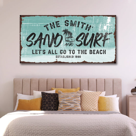Sand and surf personalized canvas coastal sign with relaxed beach lettering