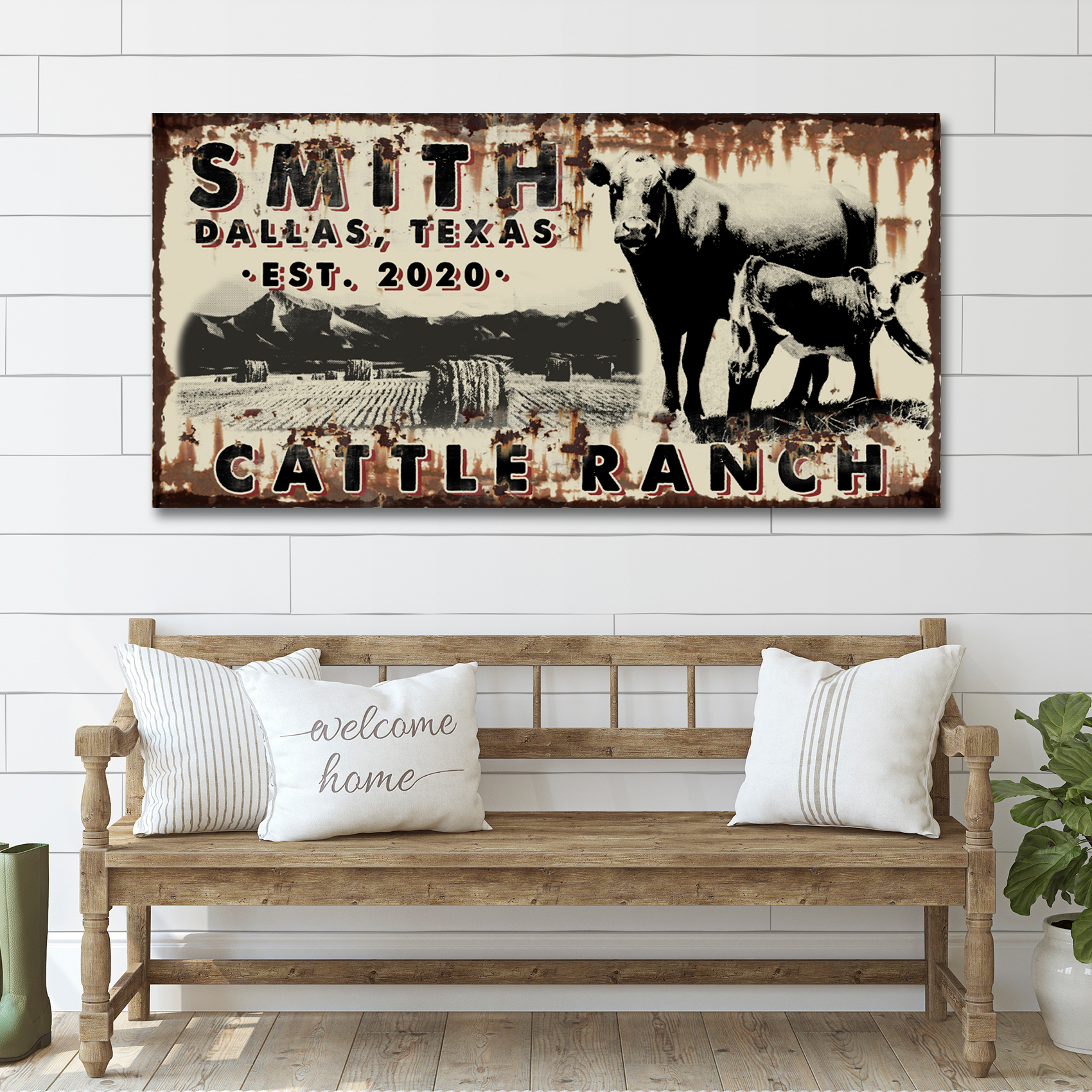 Cattle ranch vintage personalized canvas sign with rustic western lettering