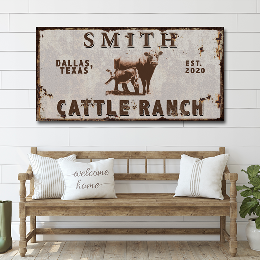Angus cattle ranch personalized canvas sign with black Angus and rustic lettering