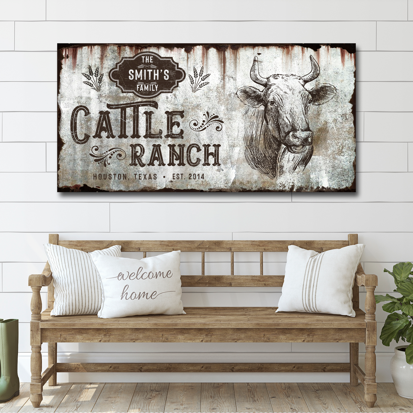 Vintage cattle ranch personalized canvas sign with aged western lettering