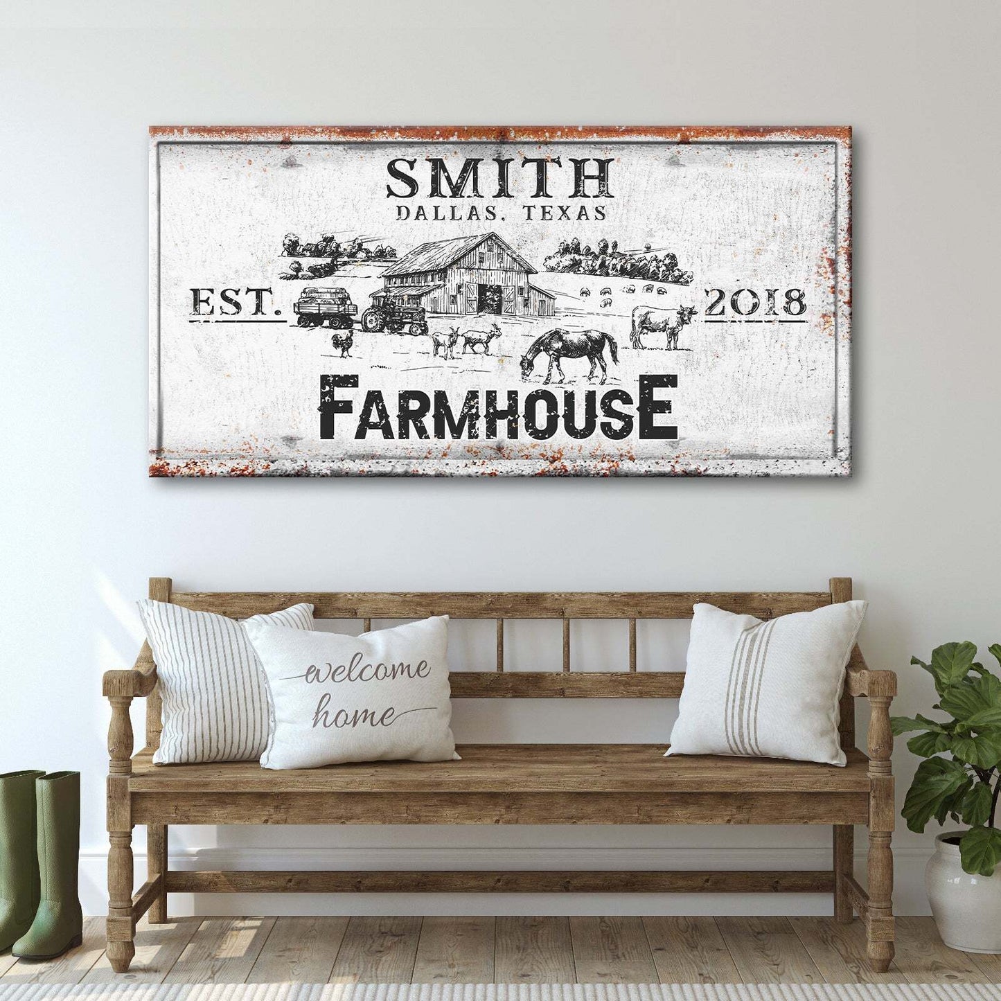 Personalized rustic farmhouse canvas sign with weathered country lettering