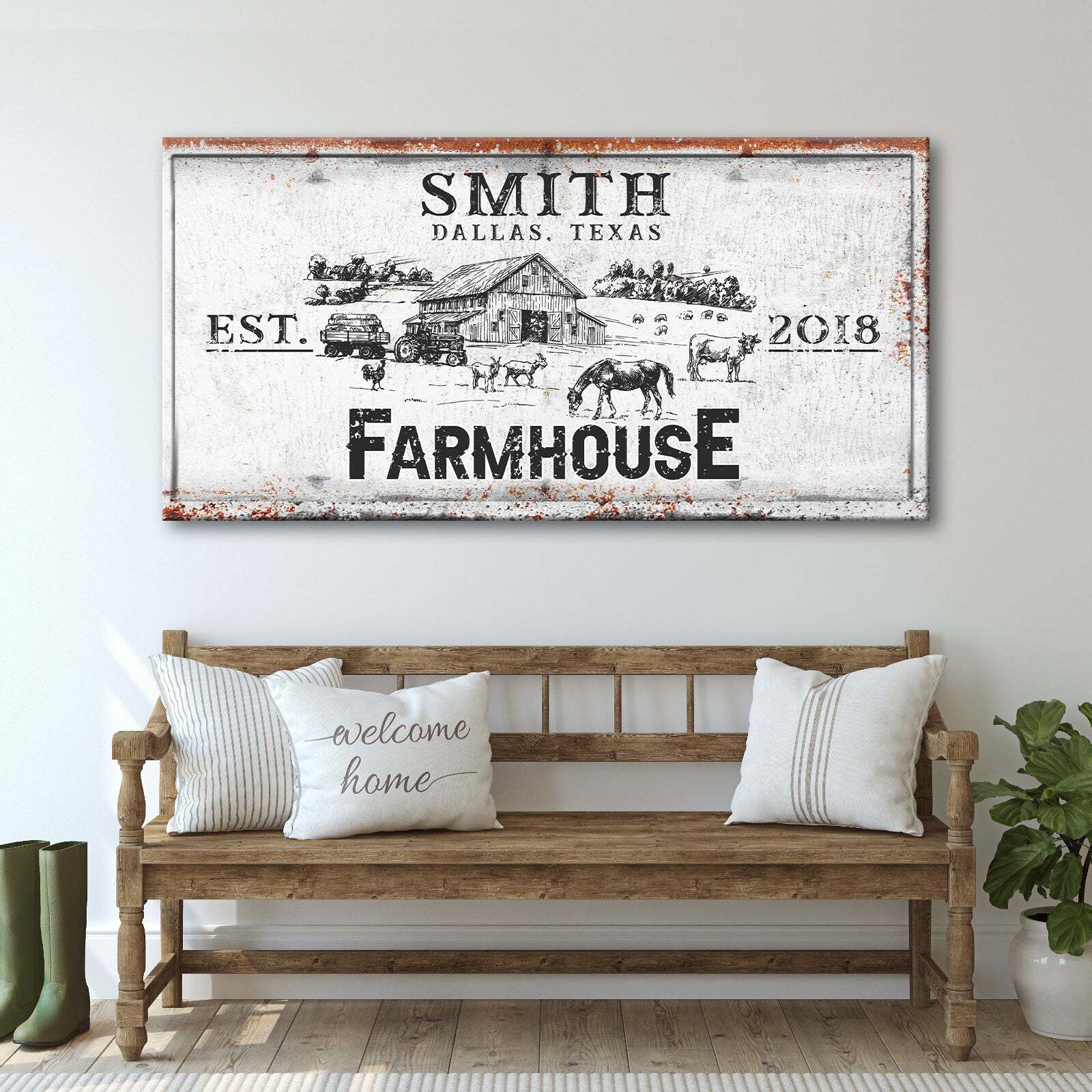 Personalized rustic farmhouse canvas sign with weathered country lettering