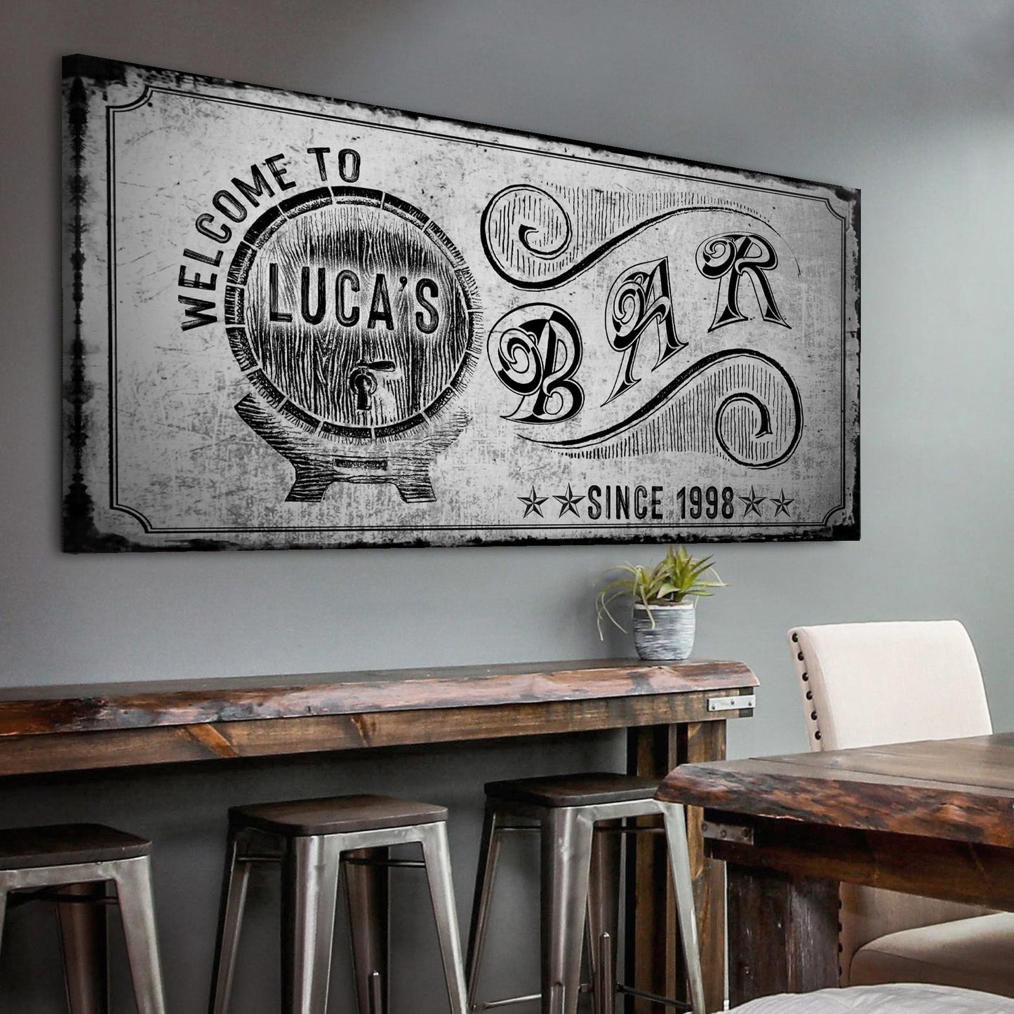 Personalized bar canvas sign with pub-style lettering for a home bar