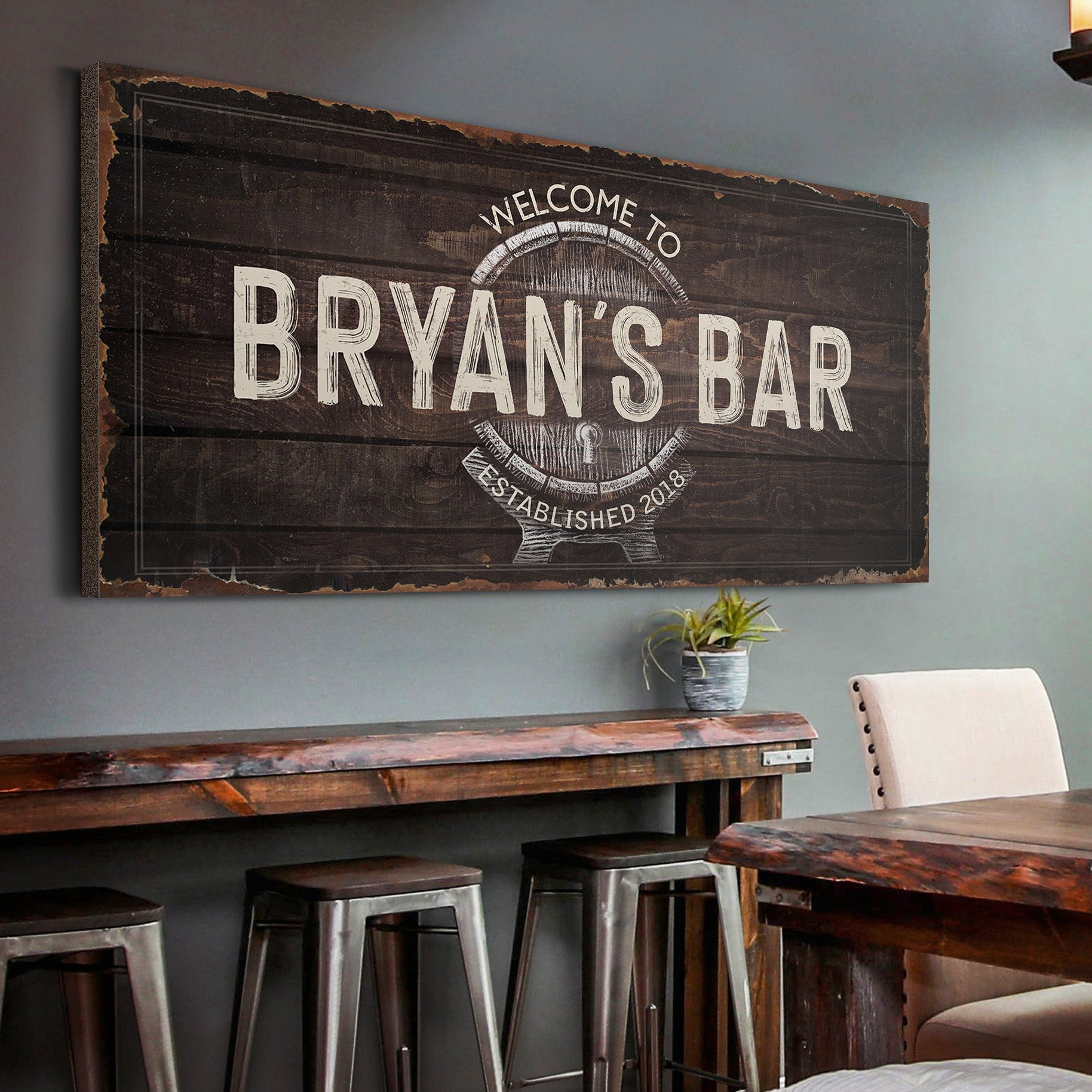 Beer barrel bar personalized canvas sign with rustic barrel and tavern lettering