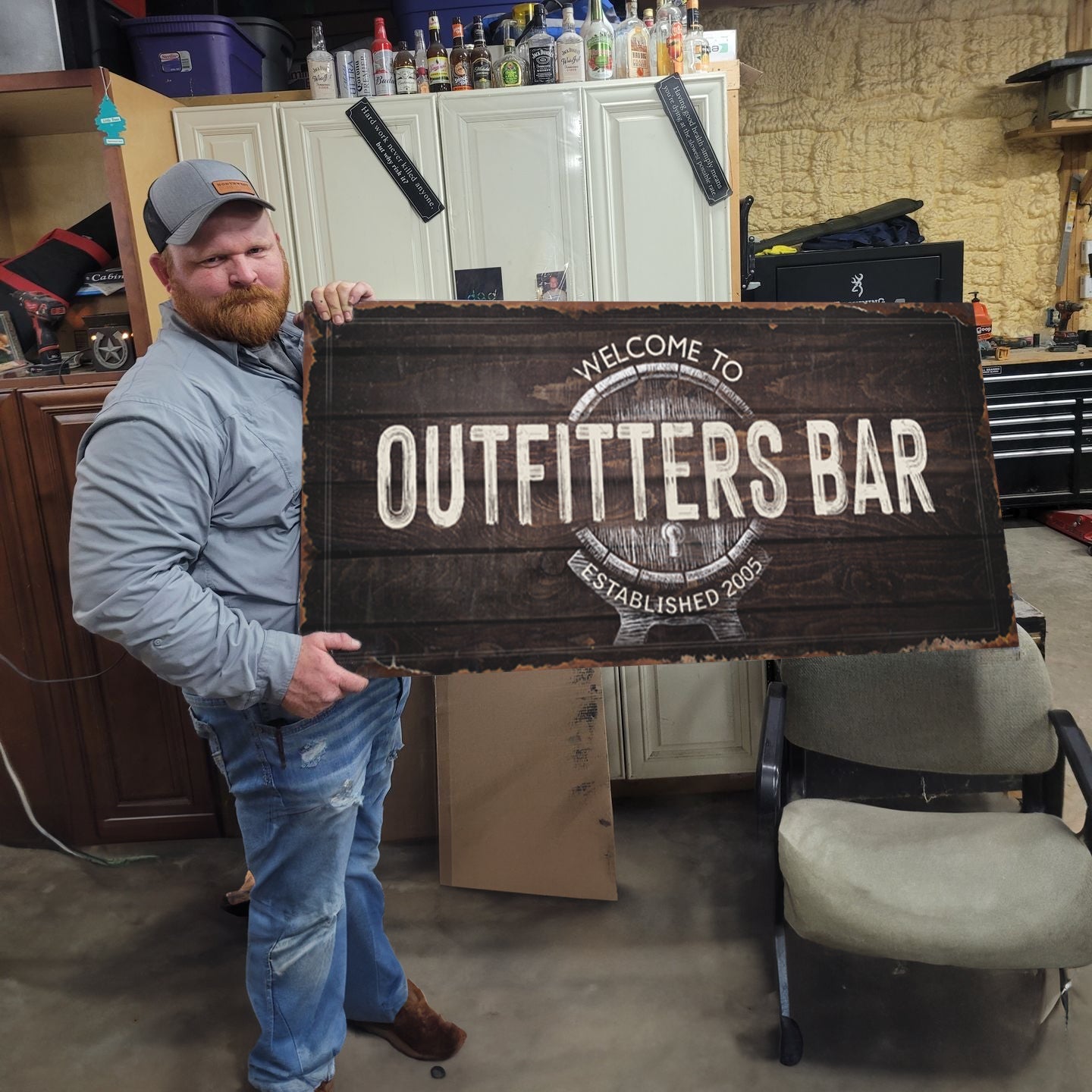 Beer barrel bar canvas sign with bold pub typography — home bar wall art