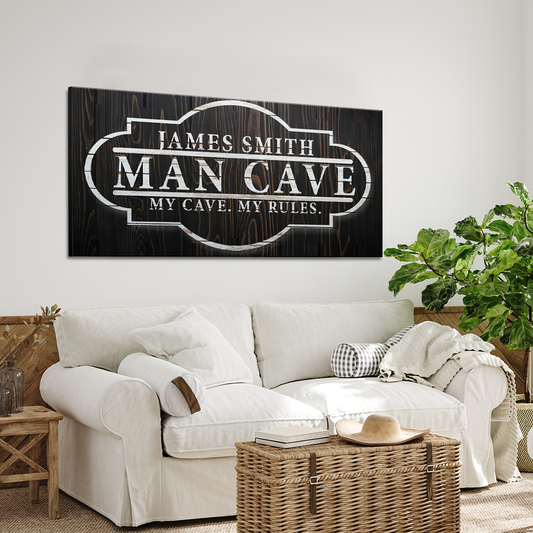 My Cave My Rules Personalized Man Cave Canvas Sign