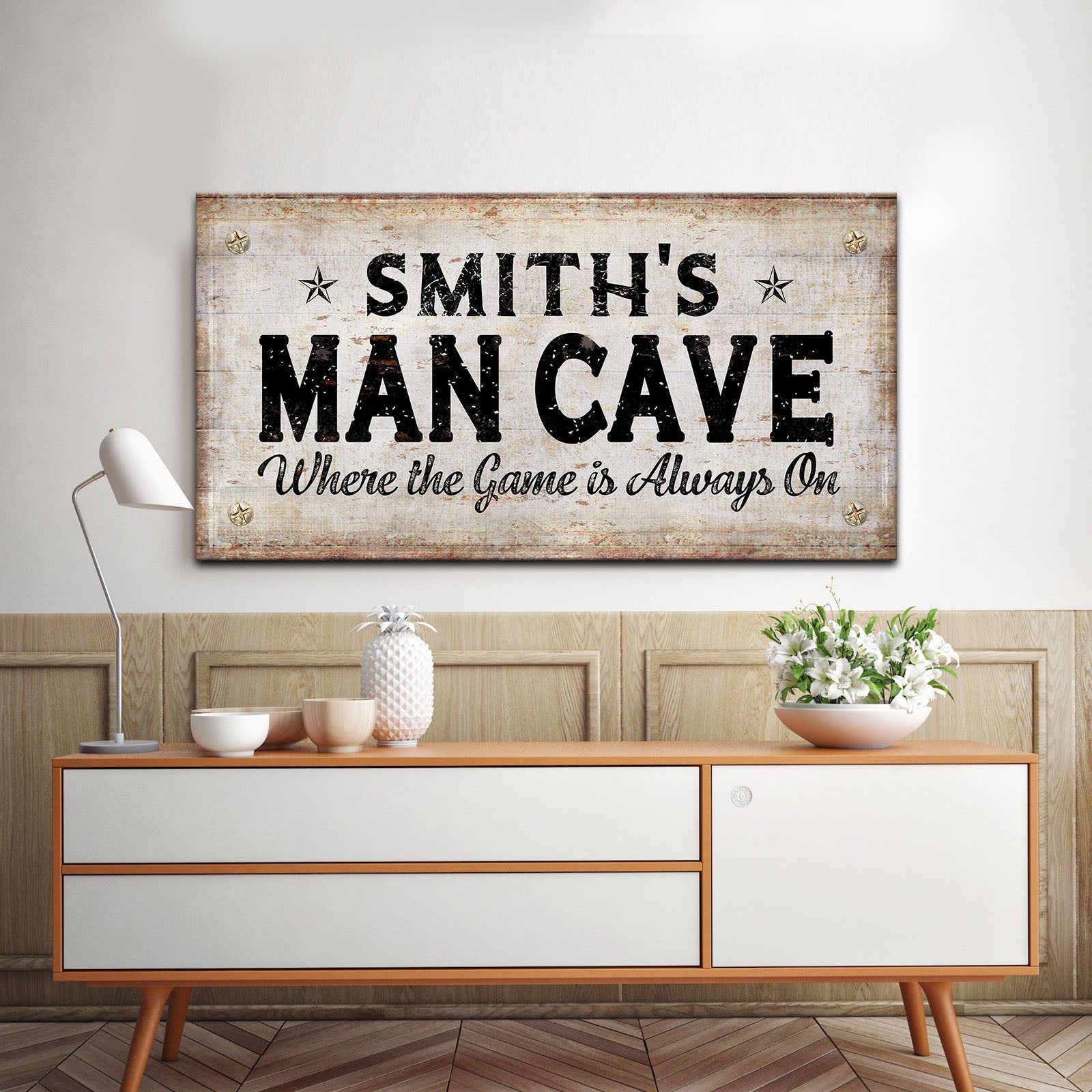 Where the Game Is Always On man cave canvas sign