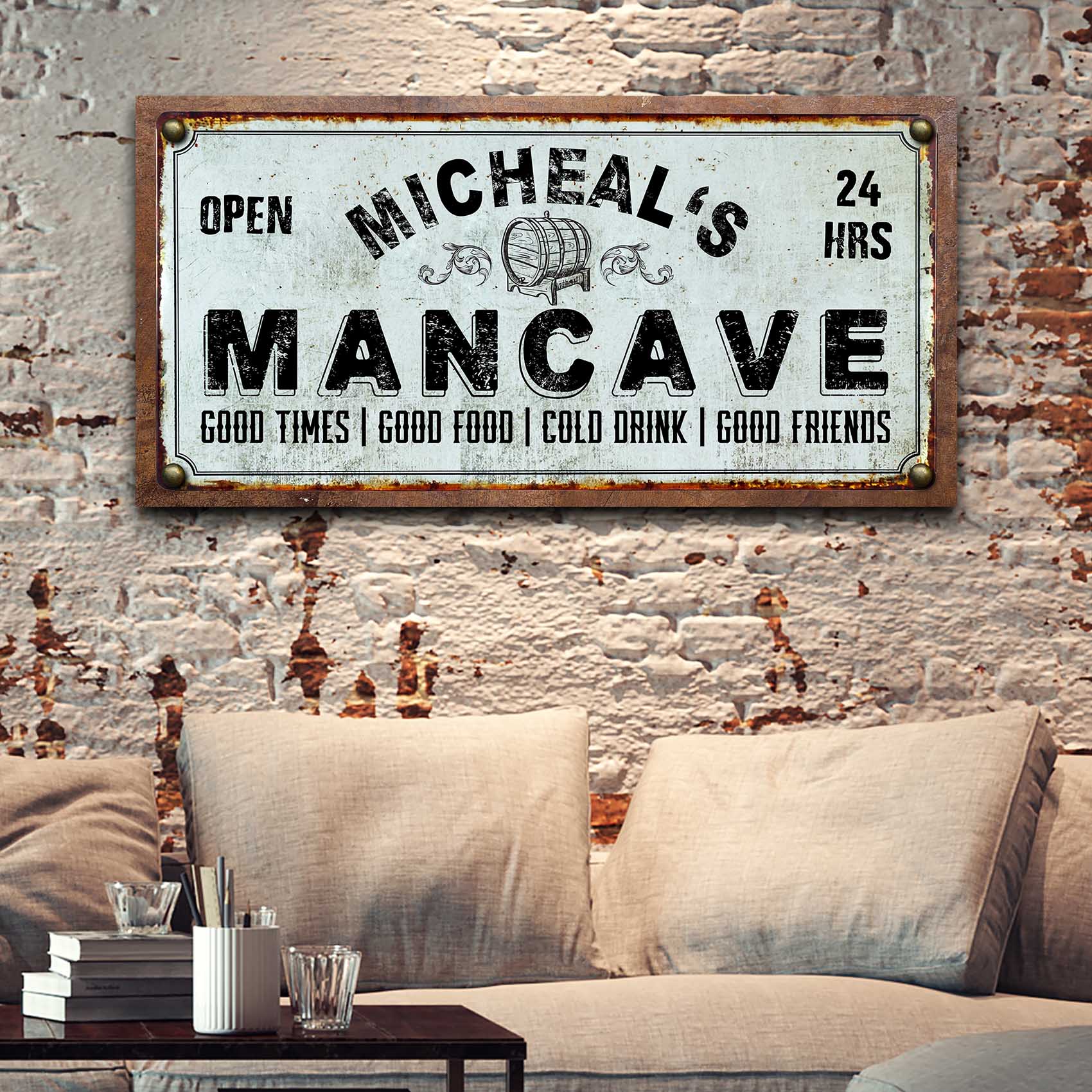 Personalized man cave canvas sign with bold rustic lettering and custom name