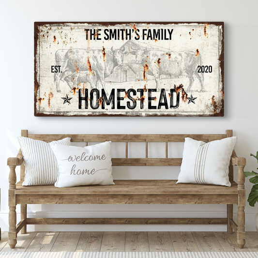 Personalized Rustic Homestead canvas sign with weathered farmhouse look