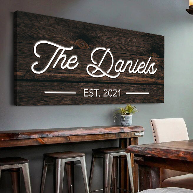 Personalized family name canvas sign with rustic wood-look design and established year