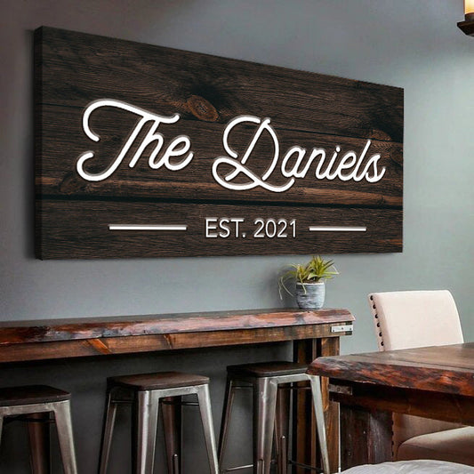 Personalized family name canvas sign with rustic wood-look design and established year
