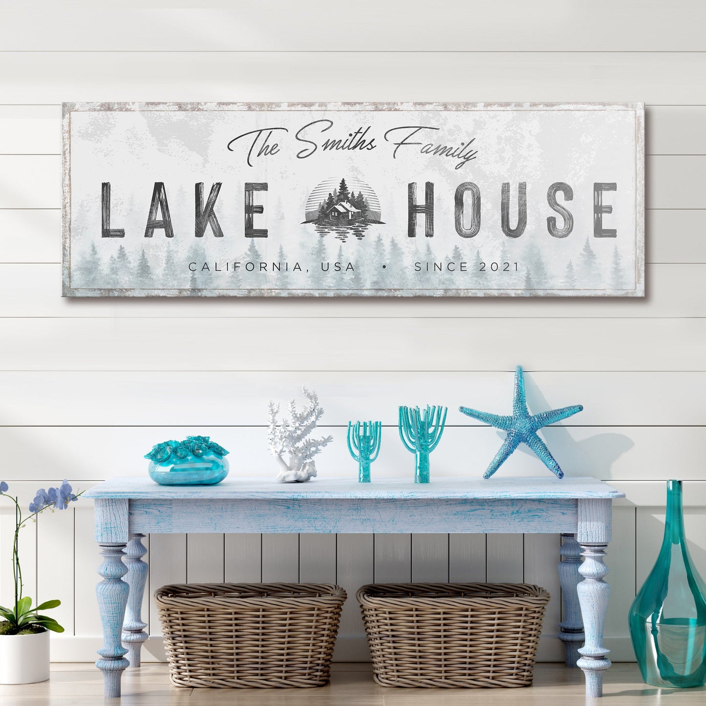Personalized family lake house canvas sign with name and year, rustic style, ready to hang