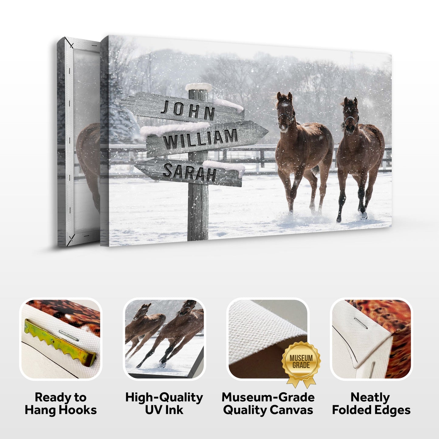 Snow Horses Personalized Family Name Canvas Sign