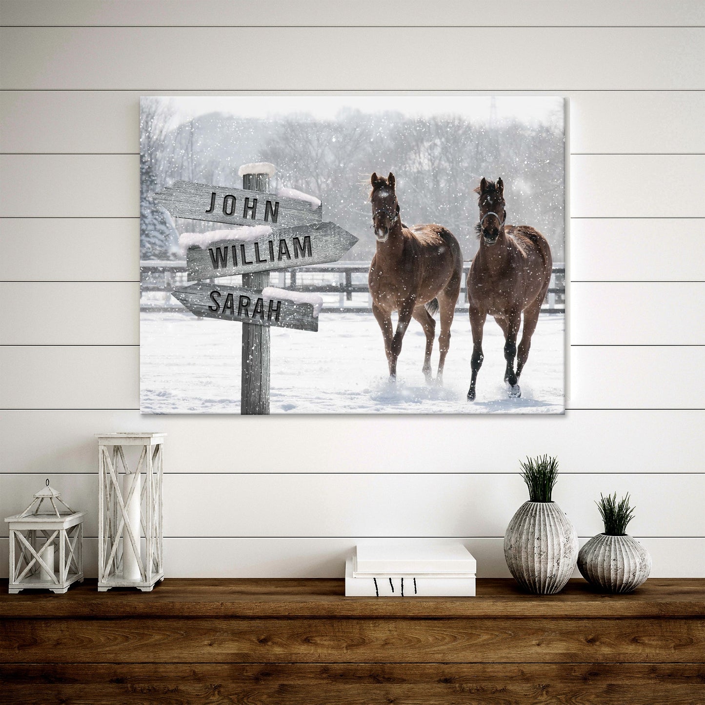 Snow Horses Personalized Family Name Canvas Sign