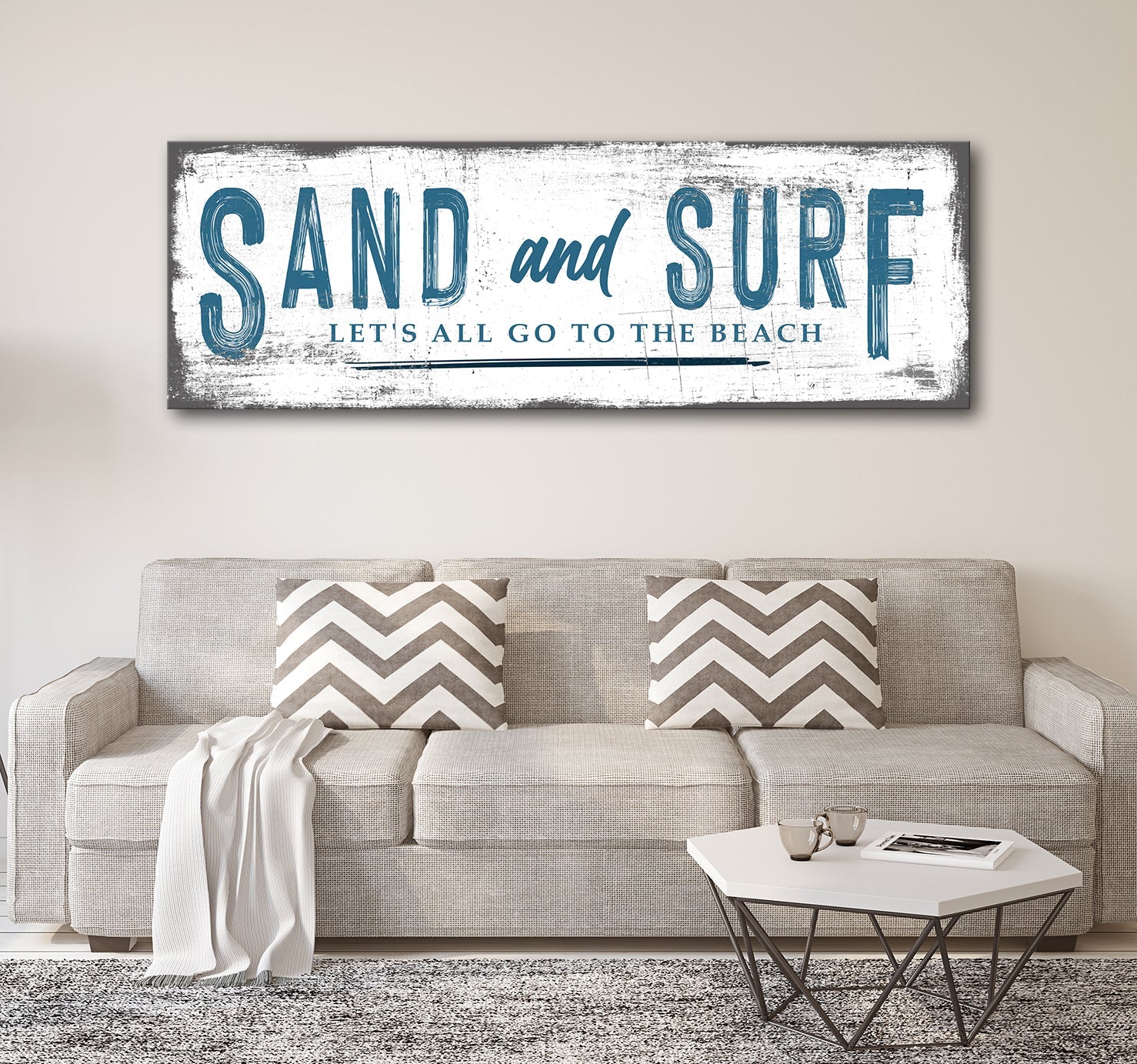 Sand and Surf personalized coastal canvas wall art, premium canvas, ready to hang