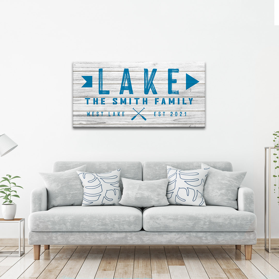 Wood-look lake arrow directional canvas sign for lake cabin and rustic decor
