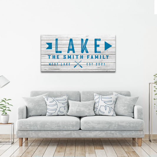 Wood-look lake arrow directional canvas sign for lake cabin and rustic decor