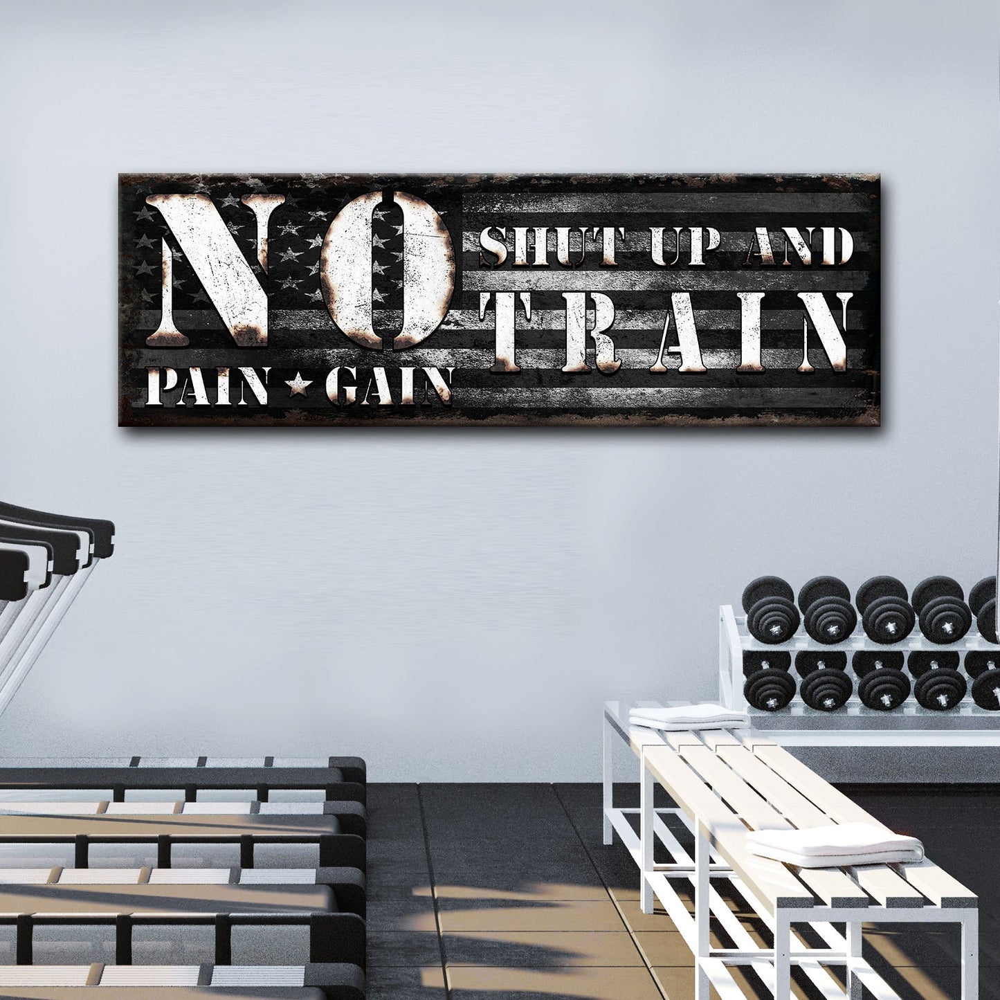No Pain No Gain motivational gym canvas sign with bold rustic lettering