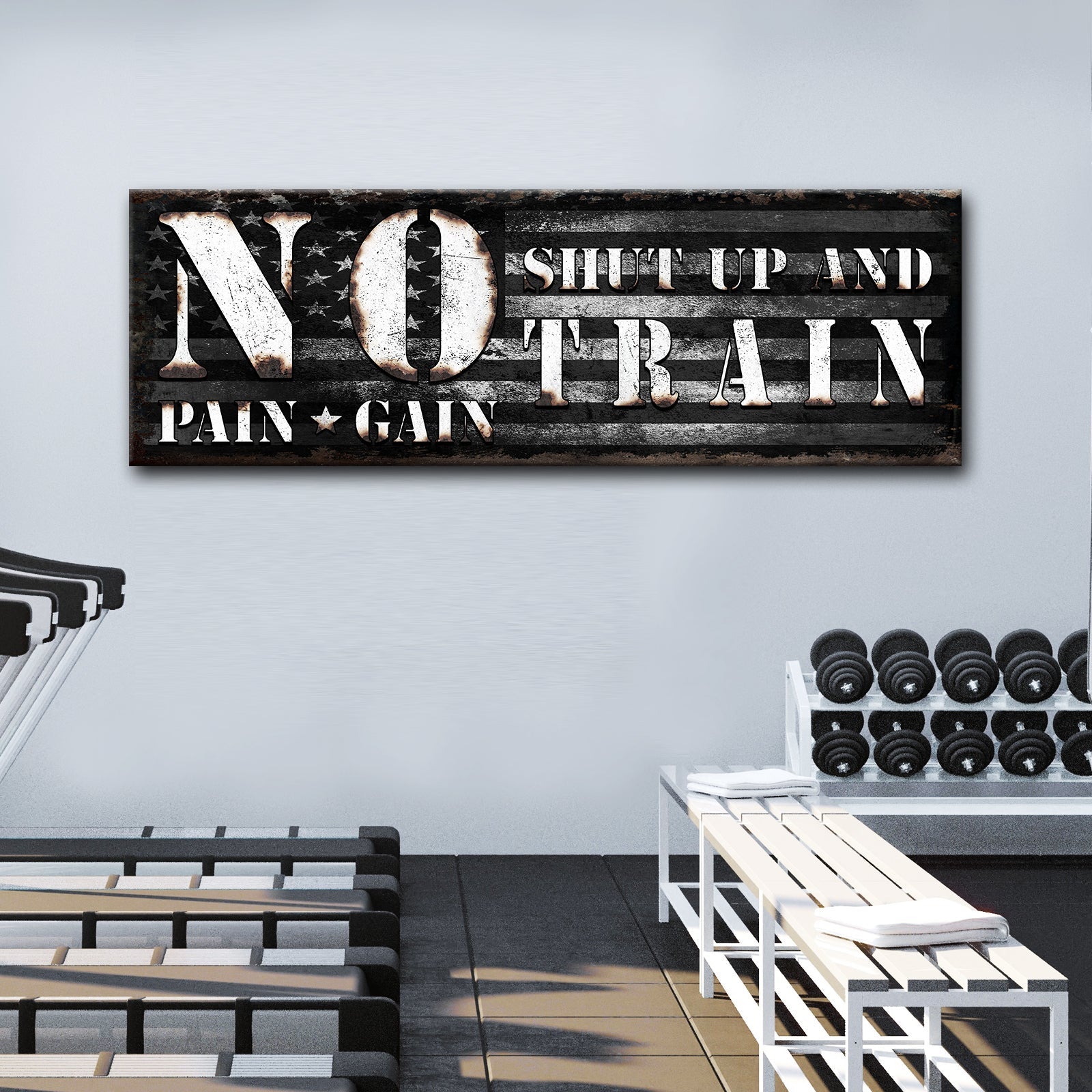 No Pain No Gain motivational gym canvas sign with bold rustic lettering